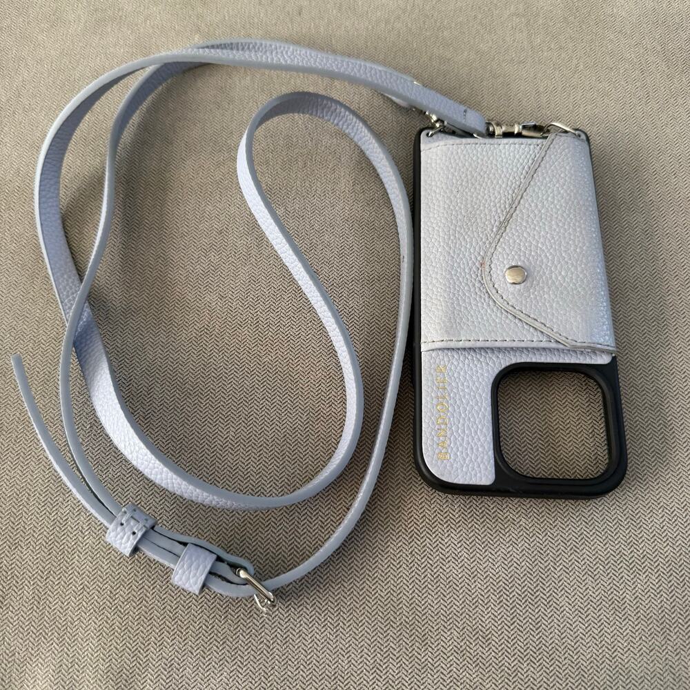 Bandolier iPhone 15 Pro Crossbody Case Light Blue Leather Wallet Strap Gold